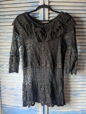 Black Lace Ruffle-Neck Women’s Blouse